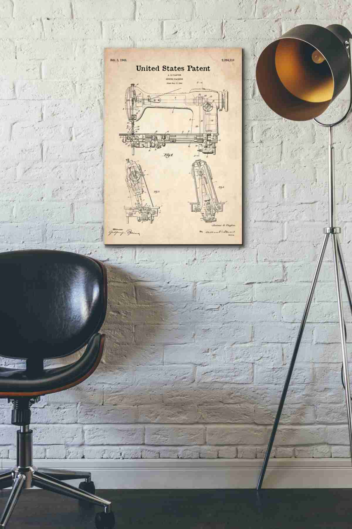 Giclee Canvas Wall Art Sewing Machine Blueprint Patent Parchment